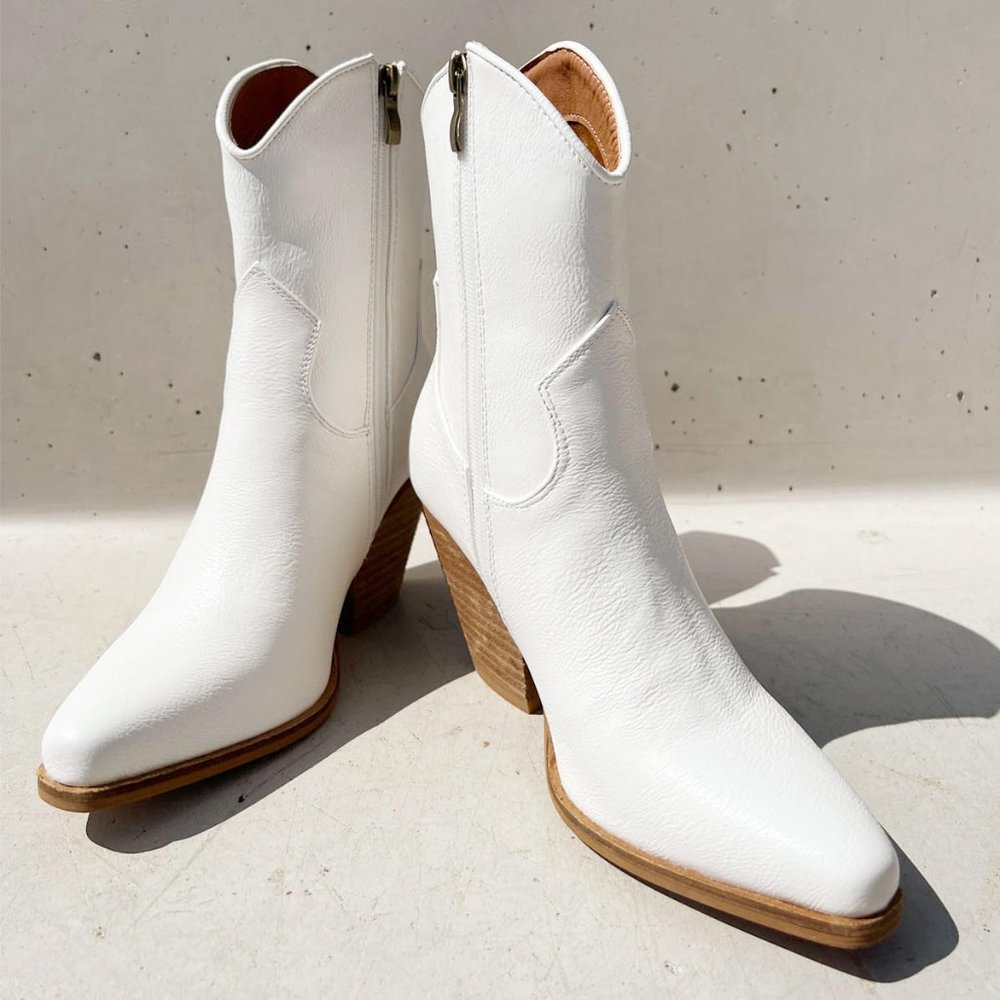 NEW Pointy Toe Stack Block Heel Western Curved Mid Ankle Booties Boots Off White - Picture 5 of 13